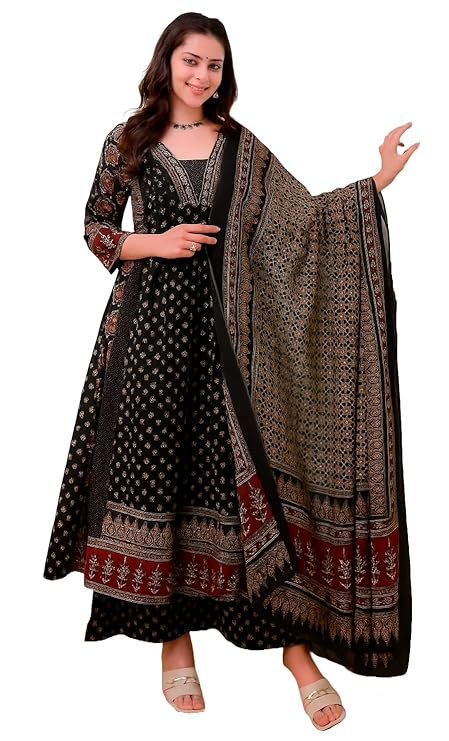 KLOSIA Women's Rayon Printed Anarkali Kurta and Pant with Dupatta Set