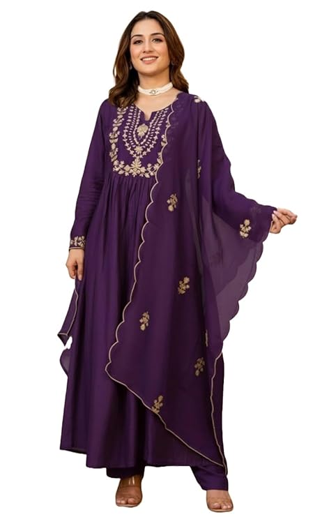 Nermosa Women Embroidery Solid A-Line Kurta and Pant Set with Dupatta